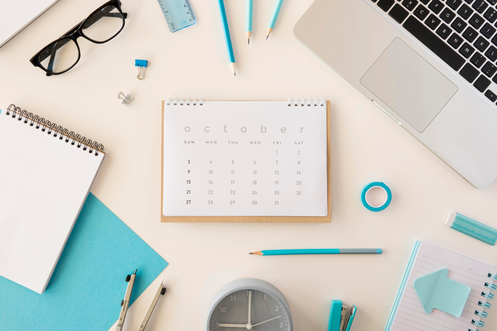 Flat Lay Desk Calendar  Blue Office Accessories